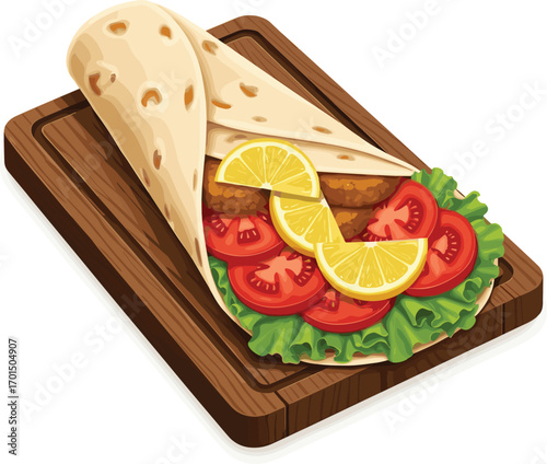 Vector Falafel Wrap with Vegetables and Lemon Wedges