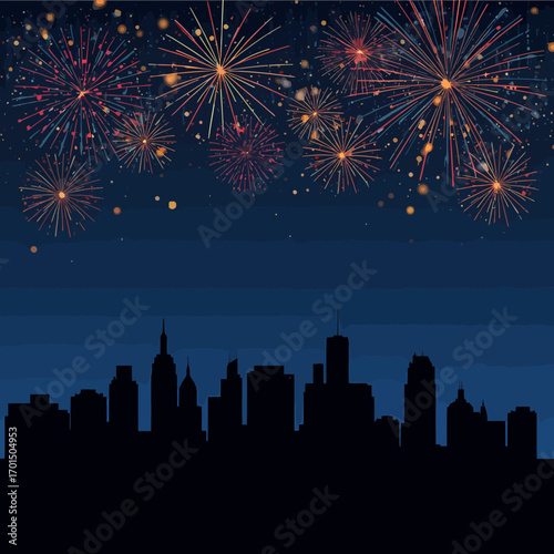 Colorful fireworks display illuminating the night sky over a modern city skyline silhouette, a festive celebration concept