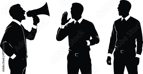 Business communication silhouettes, megaphone speaker, hand gesture, verbal interaction, listening posture, corporate talk, leadership, teamwork