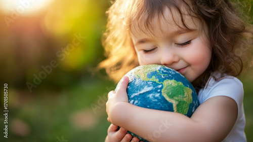 Child Embracing Earth Model Outdoors