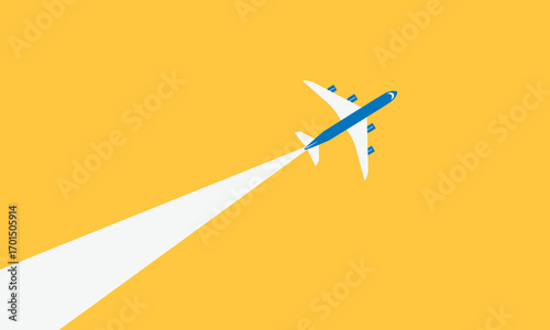 Illustration of simple airplane travel opens the background behind itself. Banner for a trip abroad on vacation. Copy space and negative space.