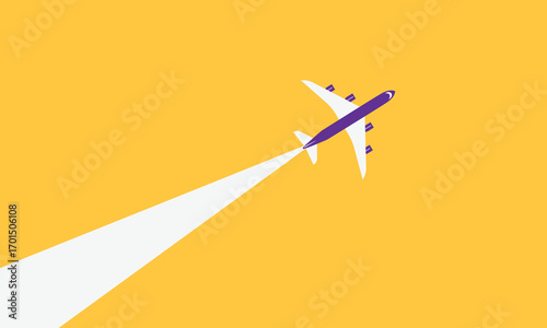 Illustration of simple airplane travel opens the background behind itself. Banner for a trip abroad on vacation. Copy space and negative space.