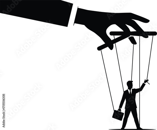 Businessman marionette, silhouette control, corporate manipulation, puppet strings, power dynamics, workplace influence, control concept, authority