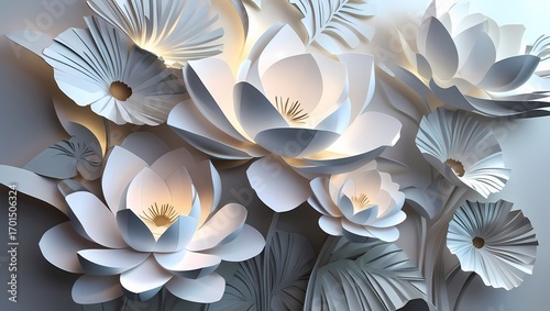 Elegant 3D paper flowers with lotus blossoms and tropical leaves in white layered cut-out design. Perfect for luxury wall panels, invitations, backgrounds, and decorative art projects.
