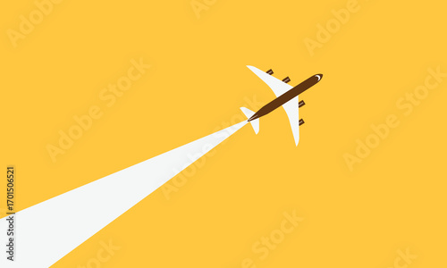 Illustration of simple airplane travel opens the background behind itself. Banner for a trip abroad on vacation. Copy space and negative space.