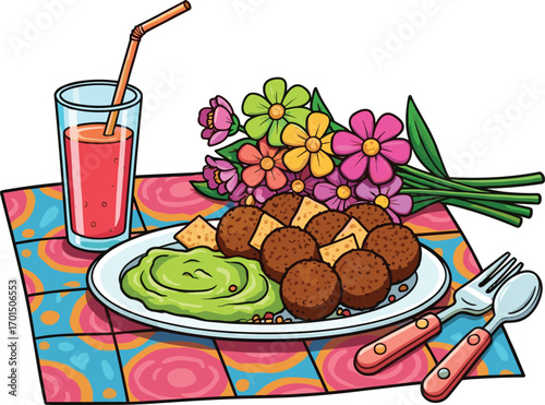 Cartoon Falafel Plate with Picnic Scene