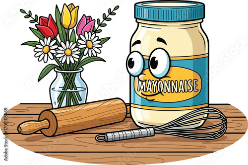Cartoon Mayonnaise Jar with Festive Kitchen Props