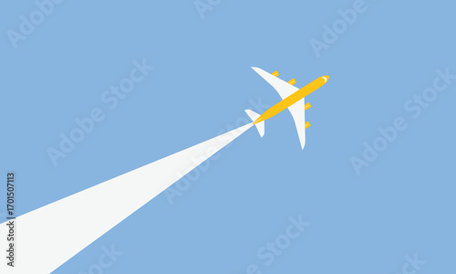 Illustration of simple airplane travel opens the background behind itself. Banner for a trip abroad on vacation. Copy space and negative space.