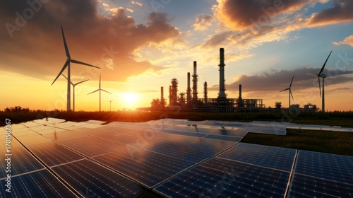Renewable energy revolution solar panels and wind turbines powering industry at sunset nature-inspired landscape sustainable future vision