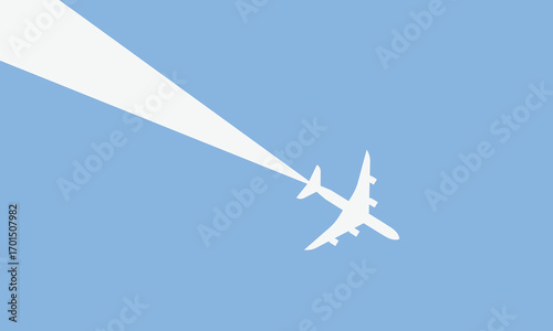 Illustration of simple airplane travel opens the background behind itself. Banner for a trip abroad on vacation. Copy space and negative space.