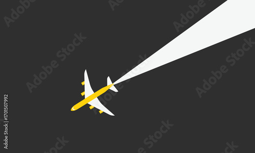 Illustration of simple airplane travel opens the background behind itself. Banner for a trip abroad on vacation. Copy space and negative space.