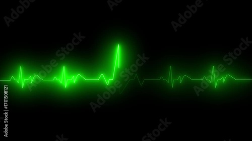 Neon Digital Heartbeat Plus Animation. Neon heartbeat on black isolated background. Cardiogram cardiograph oscilloscope screen red