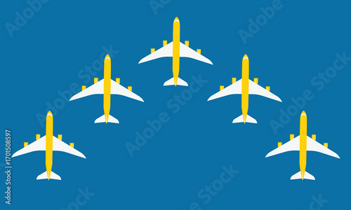 Illustration of simple airplane travel opens the background behind itself. Banner for a trip abroad on vacation. Copy space and negative space.