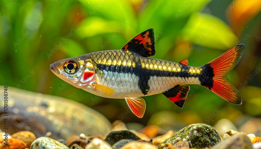 Fototapeta premium A vibrant, colorful fish, with a striking pattern of black, gold, and white scales, and bright red fins, swims gracefully in an aquarium setting.