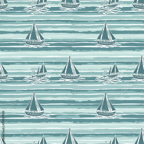 Seamless pattern of sailboats sailing on the sea with horizontal blue and teal watercolor stripes, seamless pattern, royalty free stock.