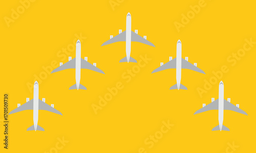 Illustration of simple airplane travel opens the background behind itself. Banner for a trip abroad on vacation. Copy space and negative space.