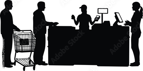 Grocery store checkout, silhouette illustration, shopping cart, cashier counter, customer interaction, retail scene, payment process, teamwork