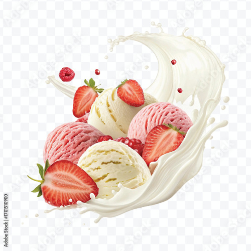 realistic creamy vanilla and strawberry ice cream scoops with milk splash isolated on transparent background
