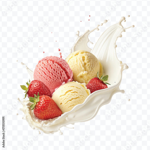 realistic creamy vanilla and strawberry ice cream scoops with milk splash isolated on transparent background
