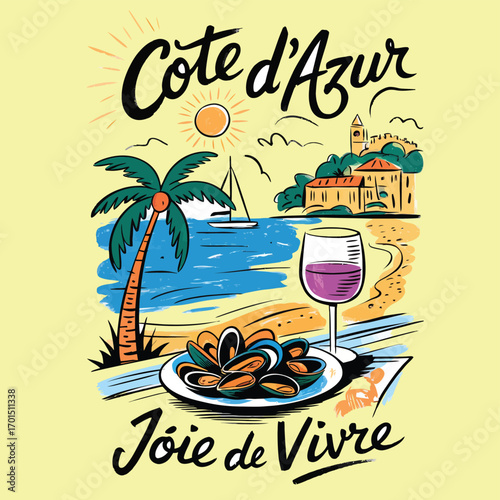 Retro summer vacation graphic of a Mediterranean seaside town with a meal of mussels and wine. Hand-drawn travel poster illustration for a t-shirt print