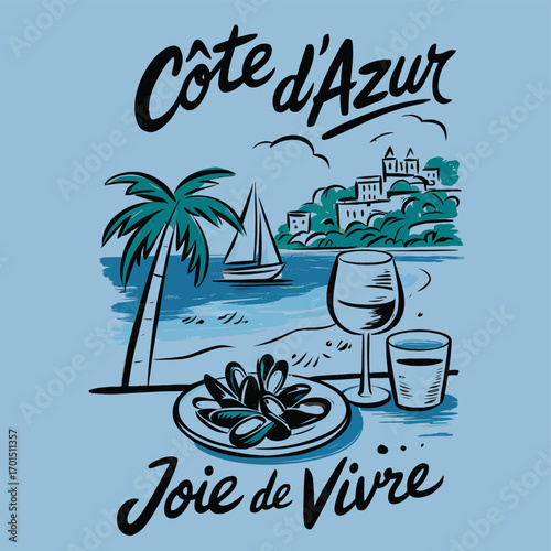 A hand-drawn vector illustration of a seaside meal on the French Riviera, capturing the joy of living concept. G