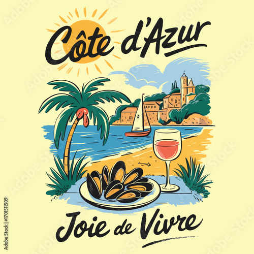 Vibrant illustration depicting a delightful coastal vacation, featuring fresh seafood, a glass of rosé, and sunny Mediterranean charm