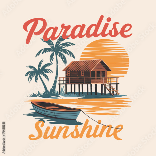 Tropical Island Paradise A Seaside Getaway with Boat, Hut, and Palm Trees