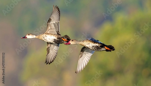 Two ruddy shelducks soar gracefully against a soft, out-of-focus backdrop of lush greenery.