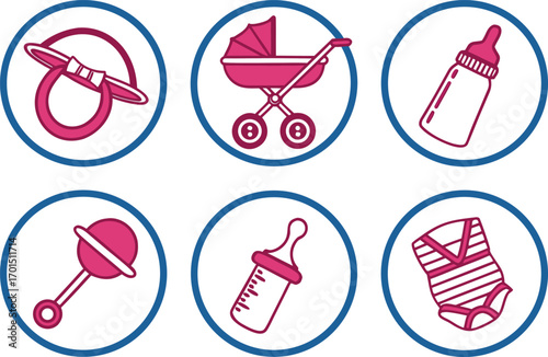 Cute Baby Icons: Pacifier, Stroller, Bottles, Rattle, and Onesie vector Illustration