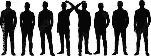 Male silhouettes standing, casual poses, outline figures, various stances, relaxed posture, graphic illustration, body language, minimal