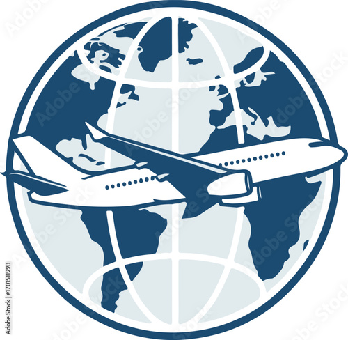 Airplane flying around the globe travel icon