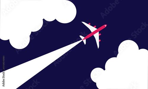 Illustration of simple airplane travel opens the background behind itself. Banner for a trip abroad on vacation. Copy space and negative space.