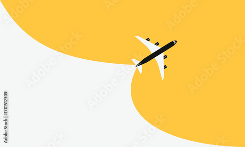 Illustration of simple airplane travel opens the background behind itself. Banner for a trip abroad on vacation. Copy space and negative space.