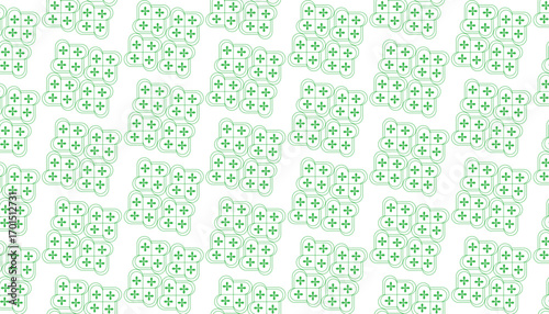 Green geometric pattern of interconnected plus signs and rounded squares on white seamless