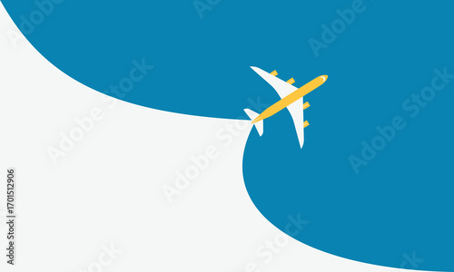 Illustration of simple airplane travel opens the background behind itself. Banner for a trip abroad on vacation. Copy space and negative space.