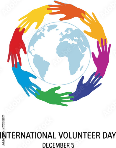 International Volunteer Day December 5 with colorful hands around the world