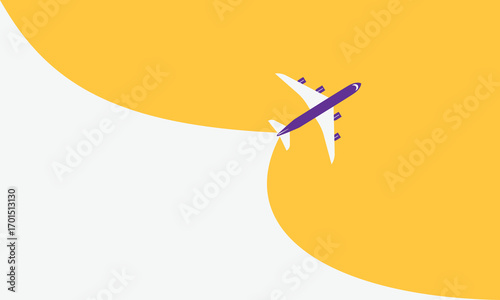 Illustration of simple airplane travel opens the background behind itself. Banner for a trip abroad on vacation. Copy space and negative space.