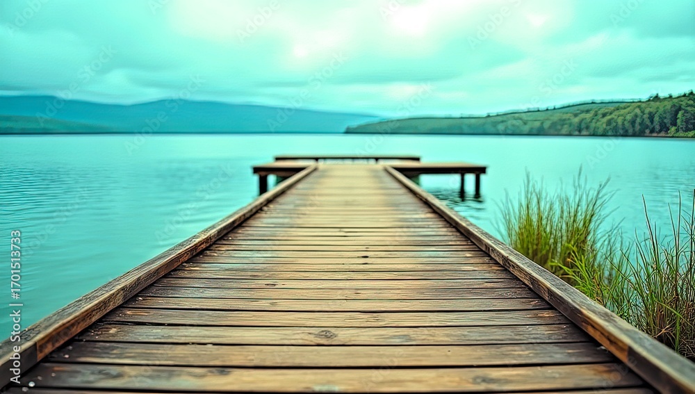 Fototapeta premium Wooden Dock Extending into Lake with Trees and Mountain View