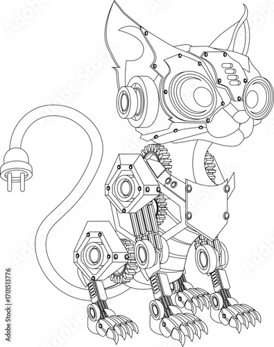Coloring book cat robot. Vector illustration.