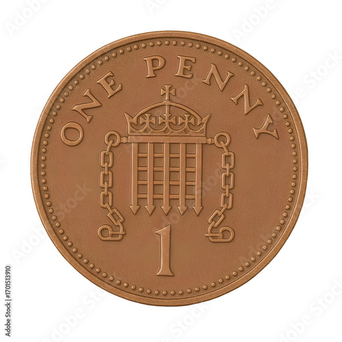 Bronze British one penny coin on transparent background.