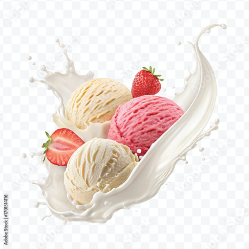 realistic creamy vanilla and strawberry ice cream scoops with milk splash isolated on transparent background