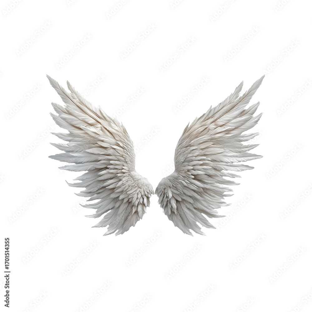 Obraz premium white feathered angel wings isolated on a white background, detailed illustration, high-resolution, professional photograph. the ultra-high-resolution photo was captured with the best camera in the wo