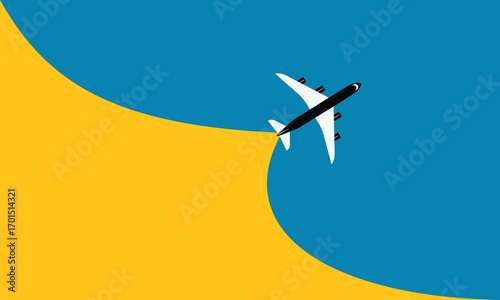 Illustration of simple airplane travel opens the background behind itself. Banner for a trip abroad on vacation. Copy space and negative space.