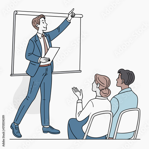 illustration of Business Presentation with Multiple Attendees and Whiteboard