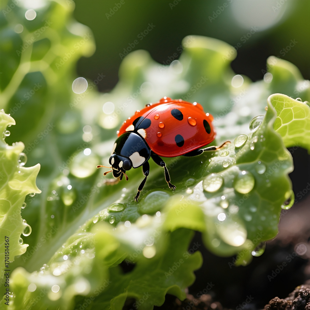 Obraz premium Ladybug on fresh lettuce leaf with water droplets in garden 