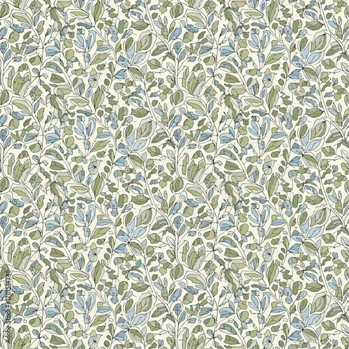 Repeating pattern featuring watercolor-style leaves with green and blue hues on a cream background, patern seamless, Stock royalty.