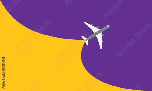 Illustration of simple airplane travel opens the background behind itself. Banner for a trip abroad on vacation. Copy space and negative space.