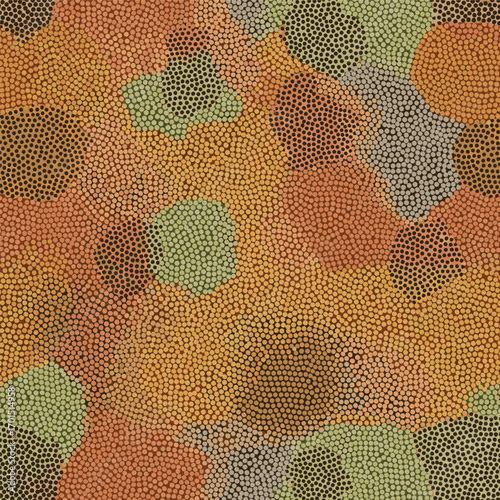 Aboriginal art style painting featuring earth tone colors and dot pattern design, seamless pattern, royalty free stock.