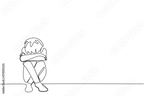 Single one line drawing boy sitting on the floor with head bowed. The worst sadness is failing to get the best grades. Childhood Depression Awareness Day. Continuous line design graphic illustration