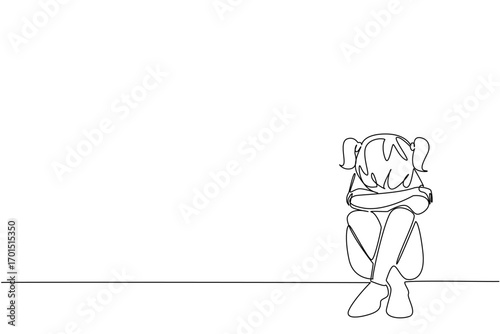 Single continuous line drawing girl sitting on the floor with her head bowed. Missing the love of parents very much. Loneliness. Childhood Depression Awareness Day. One line design vector illustration